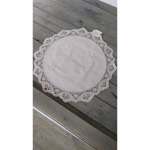 Adorable doily.  Pink hand embroidery.  Dainty 16" round